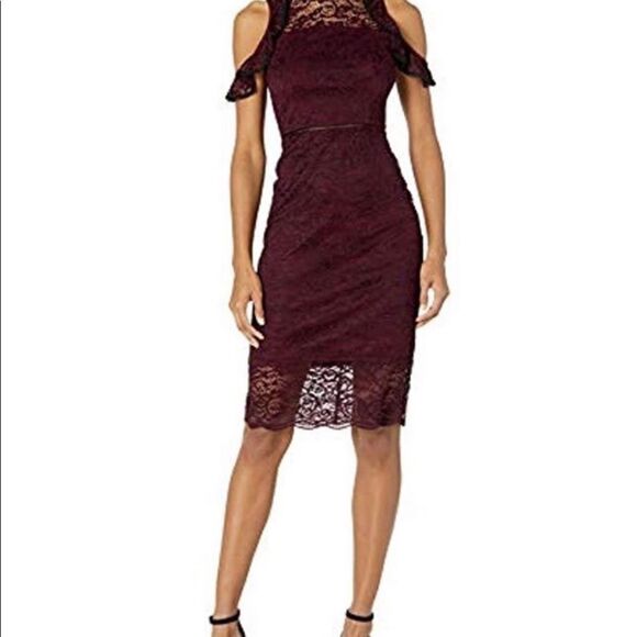 Bebe Lace Cold Shoulder Midi Ruffle Dress Modern Event Party Special Occasion - Picture 4 of 13